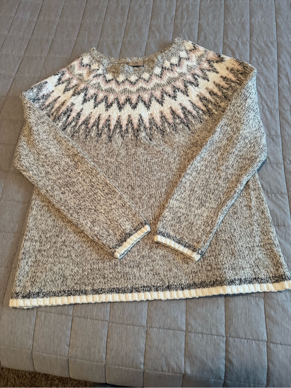 Marled Fair Isle Crewneck Sweater - Light Gray with Pink Yoke